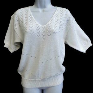 Pykettes Vintage Sweater Short Sleeve V Neck Pointelle Arrows Ivory White L